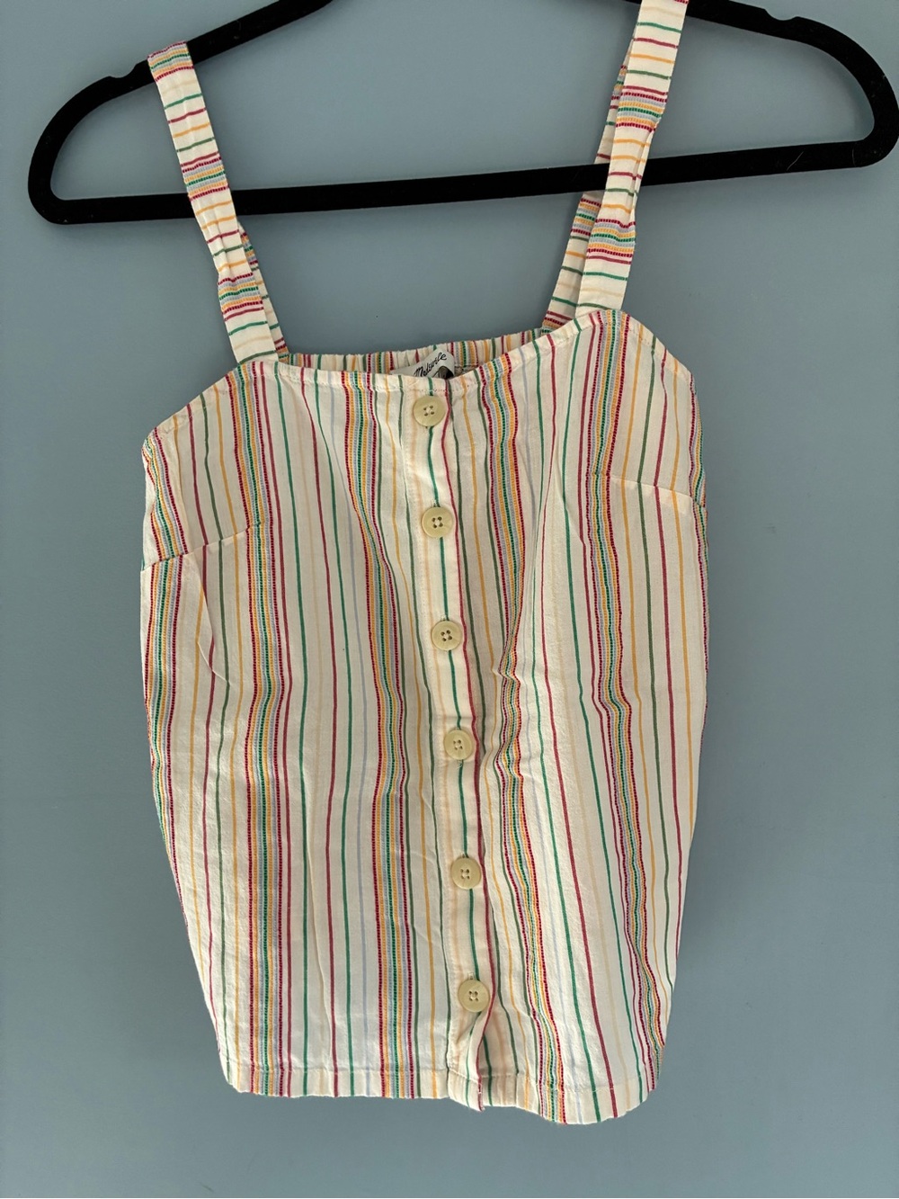 Striped Button-Front Tank Top in Cream with Multicolor rainbow embroidery
